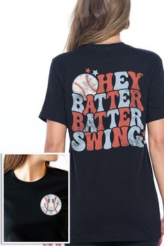 Hey Batter Swing Baseball Front And Back Graphic T Shirts.Unisex Crew Neck Short Sleeve Tees.Crafted from premium materials, tailored to your lifestyle, ensuring a comfortable fit for any occasion.Family Group Uniforms Birthday Party Gift Concert Festival Events.High Quality Direct To Film Printed Graphic Design.100%COTTON,HEATHER(52%COTTON,48%POLY),ATH.HEATHER,BLACK HEATHER(90%COTTON,10%POLY)NICARAGUAMade In: Nicaragua Relaxed Fit Screen Print Tops For Baseball Season, Trendy Baseball Season Graphic Print Tops, Short Sleeve Graphic Print Tops For Baseball Season, Trendy Graphic Print Tops For Baseball Season, Relaxed Fit Graphic Tee For Baseball Season, Casual Graphic Baseball Tee, Casual Graphic Print Top For Baseball Season, Easter Tops, Spell Designs