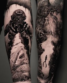 two legs with tattoos on them and some artwork in the middle one is black and white