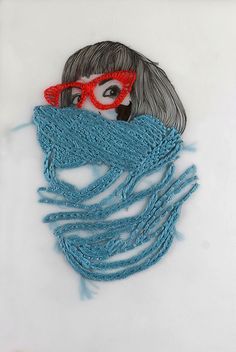 a drawing of a woman with red glasses on her head and blue scarf around her neck