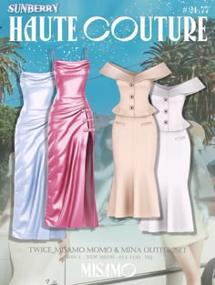 three dresses in different colors and sizes are shown on the front cover of a magazine