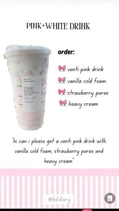 a pink and white drink is shown with information about how to make it in the cup