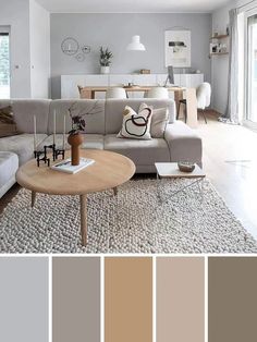 a living room filled with furniture and lots of neutral color scheme in shades of grey, beige