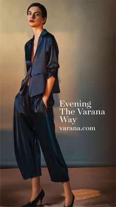 Discover evening wear the Varana way. Shop pure silk in an array of hues and subtle textures, cut and crafted sustainably by hand into modern silhouettes at varana.com. Suit Couture, Trousers Outfit, Bridal Party Outfit, Modesty Fashion, Tuxedo Dress, Woman Suit Fashion, Blue Trousers, Pantalon Large, Feminine Outfit