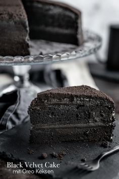 a slice of chocolate velvet cake on a plate