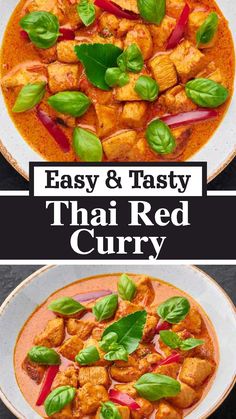 thai red curry with basil and chicken in a white bowl on a black background, the text easy & tasty thai red curry