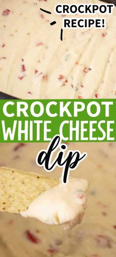 the crockpot white cheese dip is ready to be eaten