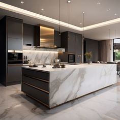 a large kitchen with marble counter tops and black cabinets, along with a dining room table