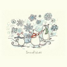 two mice are standing next to each other in front of snowflakes and stars