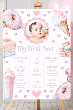 a baby's first year poster with donuts and cake