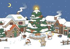 a cartoon christmas tree in the middle of a snowy village with snow covered houses and trees