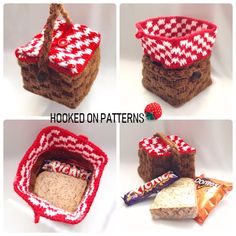 four different pictures of small baskets with candy in them and one is made out of bread