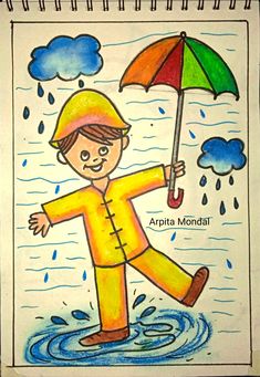 a drawing of a boy in raincoat holding an umbrella