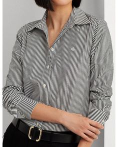 Elevate your everyday style with our Striped Button Front Top. This versatile shirt features a classic point collar and long sleeves with button cuffs, perfect for transitioning from work to weekend. The front button closures add a touch of sophistication, while the shirttail hem allows for easy tucking or wearing untucked for a more relaxed look. The subtle 'LRL' embroidery adds a touch of charm and showcases the quality craftsmanship of this imported piece. Crafted from high-quality fabric, this top offers a comfortable and flattering fit that will keep you looking and feeling great all day long. The timeless striped design adds a chic and polished touch to any outfit, whether you pair it with tailored trousers for the office or with your favorite jeans for a casual weekend look. This St Fitted Casual Cotton Blouse, Classic Button-up Tops With Striped Collar, Classic Striped Top With Button Closure, Classic Tops With Casual Collar And Buttons, Classic Tops With Buttons And Casual Collar, Classic Long Sleeve Cotton Blouse, Classic Striped Collar Blouse For Fall, Classic Fall Blouse With Striped Collar, Classic Blouse With Striped Collar For Fall