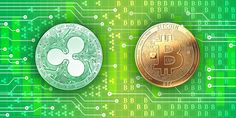 two bitcoins are shown in front of a green background with an electronic circuit