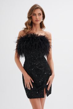 ORELIA Embellished Mini Dress with Feather Trim in Black Dress With Feather Trim, Embellished Mini Dress, Lavish Alice, Dark Dress, Bridal Jacket, Wrap Mini Skirt, Feather Trim, Black Feathers, Side Split