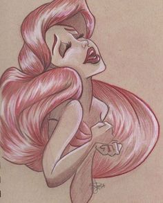 a drawing of a pink haired girl with long hair and eyes closed, looking to the side