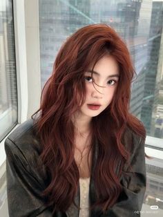 Red Hair Lipstick, Ginger Hair On Asian Women, Dark Ginger Hair Asian, Dark Ginger With Highlights, Copper Brown Hair Asian, Frosted Brown Hair, Brown Red Hair Color Auburn, Long Hair Korean Style, 2025 Hair Color