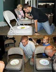 there are two pictures of people eating at the same table and one is sitting in a chair