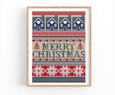 a cross - stitch christmas card with the words merry christmas in red, white and blue