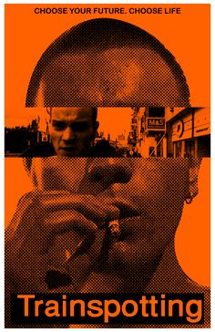 an orange poster with the words trainspoting in front of a man's face