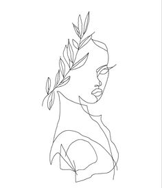 a line drawing of a woman's face with leaves in her hair