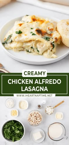 creamy chicken alfredo lasagna with spinach and parmesan cheese on the side