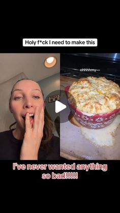 a woman making a funny face next to an image of a baked dish in the oven