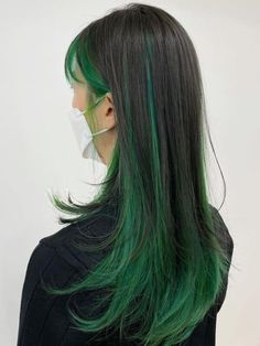 Green Sombre Hidden Color Highlights Black And Green Balayage, Black Hair With Neon Highlights, Dark Blue Highlights In Black Hair, Green Hair With Black, Blue And Green Highlights, Green Balayage, Black And Green Hair, Hidden Hair Color, Ideas For Black Hair