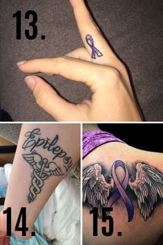 four different pictures with tattoos on their arms and hands, one showing an angel holding a purple ribbon