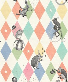 an image of a pattern with animals on bicycles and balls in the air, as well as stars