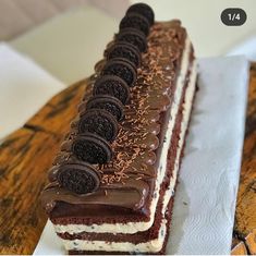 a piece of cake with oreo cookies on it