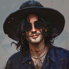 a painting of a man with long hair wearing a black hat and sunglasses on his face