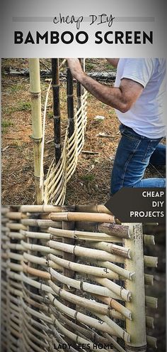 the bamboo screen is being worked on by a man in white t - shirt and jeans