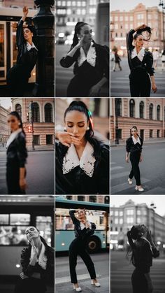 a collage of photos with people in black and white outfits, one woman is holding her hand up to her face