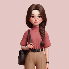 an animated girl with glasses and a brown shirt is holding a black handbag in her right hand