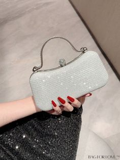 BagForLove - Silver Glitter Mini Rhinestone Box Bag with Top Handle for Party Events White Mini Bag, Silver Bag, Silver Bags, Glitter Top, Gold Bag, Party Events, Box Clutch, Hand Chain, Leather Clutch Bags