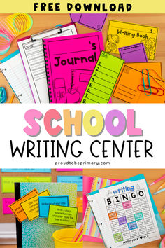 the back to school writing center is full of colorful papers and binders, with text overlay