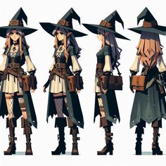 four different views of an animated character wearing witches hats