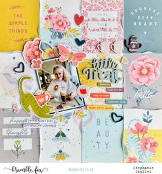 a collage of scrapbook pages with flowers, hearts, and pictures on them