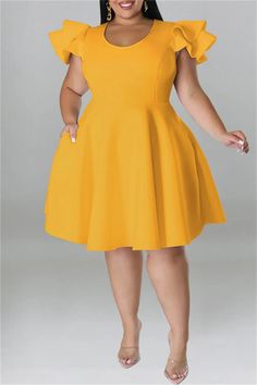 Yellow Fashion Casual Solid Patchwork O Neck Short Sleeve Dress Plus Size Dresses Knee-length Summer Dresses With Splicing, Summer Knee-length Splicing Dress, Summer Stretch Dress With Splicing Details, Short Sleeve Splicing Party Dress, Knee-length Spliced Dresses For Spring, Summer Mini Dress With Splicing Detail, Spring Stretch Solid Color Dresses, Knee-length Yellow Mini Dress, Spring Mini Dress With Short Sleeves And Splicing