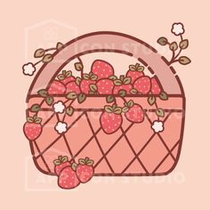 a basket full of strawberries on a pink background