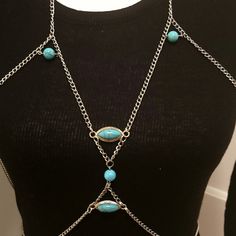 Body Harness Chains, Natural Turquoise Beads, Stainless Steel Chain -100% Hand Made - Beautiful Elegant Chained Harness. - Closes At The Back Of Neck And Lower Back With A Clasp Chain. - Stainless Steel Curb Cable Chain, 5.4 Mm Wide. - 4 Silver Clasps On Each End. - 2 Turquoise, Material: Zinc Alloy (Lead And Nickel Free)/Turquoise Stone - 3 Smooth Natural Turquoise Beads, 10mm Size. - Waist Around It Extends Up Inch's. -From Neck Back It Extends Up To Inch's. -Quantity: 1 Pcs -Easy To Wear And Donna Karan Cashmere Mist, Body Chain Harness, Chain Harness, Vintage Egg Cups, Chanel Bracelet, Body Harness, Chanel Earrings, Vintage Gothic, Turquoise Stones