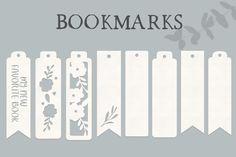 the bookmarks are lined up in rows with flowers and leaves on each one side