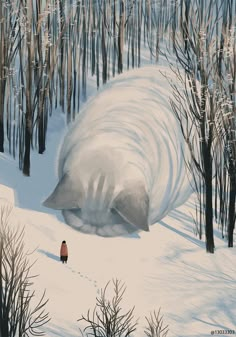 a painting of a person walking in the snow next to a large animal that is laying down