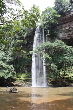 a large waterfall in the middle of a forest