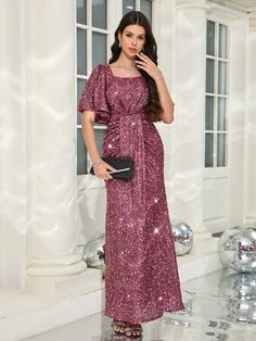 Square Neckline Floral Sleeve Waist Ruched Fishtail Hem Sequin Long Evening Formal Gown Dress, Elegant Prom Dress, For Wedding Guest, Graduation, Dinner Red Violet Party  Short Sleeve Sequins All Over Print A Line Slight Stretch  Weddings & Events, size features are:Bust: ,Length: ,Sleeve Length: Red Violet, Elegant Prom Dresses, Floral Sleeve, فستان سهرة, Women Formals, Evening Formal, Formal Gown, Gown Dress, Evening Gowns Formal