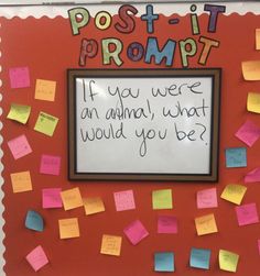 a bulletin board with post - it notes attached to it and writing on the wall