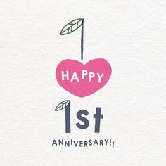 a happy 1st anniversary card with a pink heart and green leaf on the top, says happy 1st anniversary