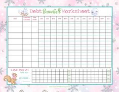 a printable debt worksheet for kids with snowflakes on the background