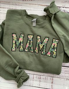 ** PLEASE NOTE ** Orders received AFTER Sunday, 12/8 may not arrive in time for Christmas.  Mama Sweatshirt-Custom Embroidered Sweatshirt-Mother's Day Gift-Custom Sweatshirt-Crewneck Sweatshirt-Gift for Mom-Mom Gift-Mom Sweatshirt-Gift for Her-Mama Custom Embroidered MAMA Sweatshirt makes for a great gift for Mom.  This custom sweatshirt also makes for the perfect Mother's Day Gift. This crewneck sweatshirt is super soft, unisex in size and makes for a spectacular gift for her (or anyone). Main Casual Mother's Day Sweatshirt With Embroidered Graphics, Casual Embroidered Sweatshirt For Mother's Day, Mother's Day Casual Sweatshirt With Embroidered Text, Momma Embroidered Sweatshirt, Green Mama Sweatshirt, Embroidery Outline, Green Floral Fabric, Green Sweatshirt, Sweatshirt Crewneck